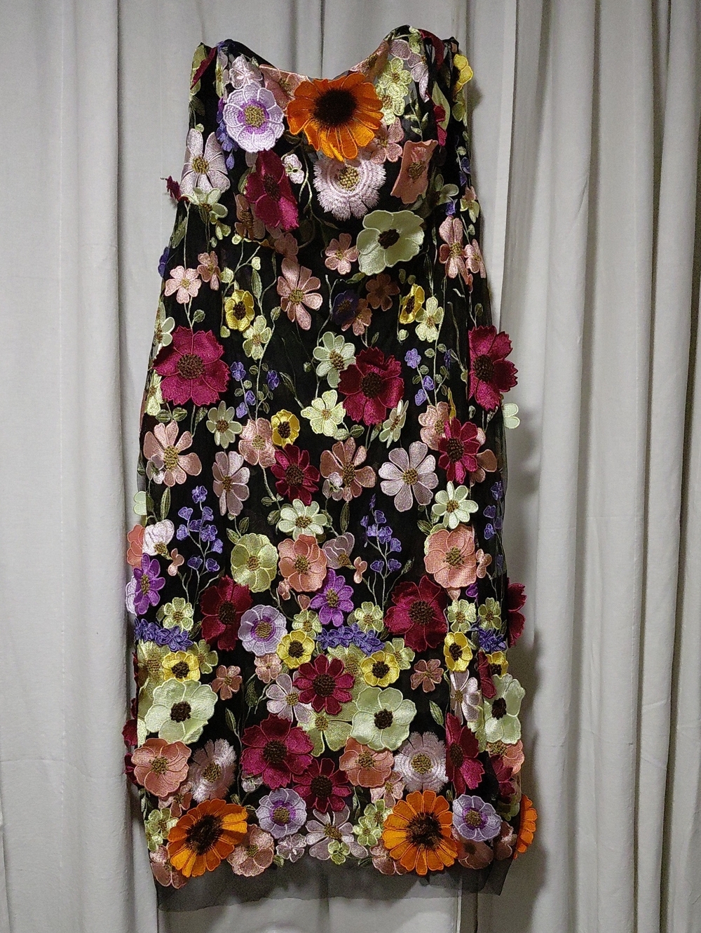 Source Unknown Black Strapless Dress with Multicolor Floral Appliqués